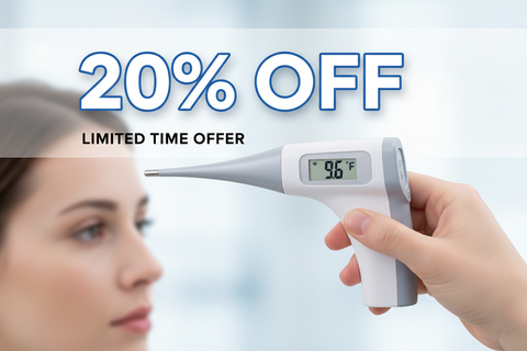 GENERATE AN IMAGE OF A THERMOMETER BEING USED WITH THE DISCOUNT SAYING 20% OFF ONTOP OF THE PICTURE